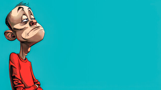 Cartoon man looking bored with arms crossed on blue background