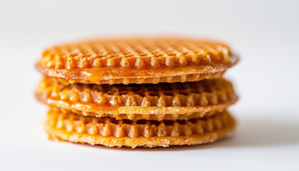 traditional Dutch stroopwafels, featuring two thin, crispy waffle cookies with a layer of caramel syrup in the center, set against a clean white background