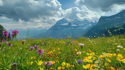 Fototapeta premium A serene alpine meadow in the Swiss Alps, dotted with colorful wildflowers