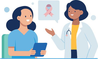 Fototapeta premium Doctors discussing breast cancer awareness information with a pink ribbon