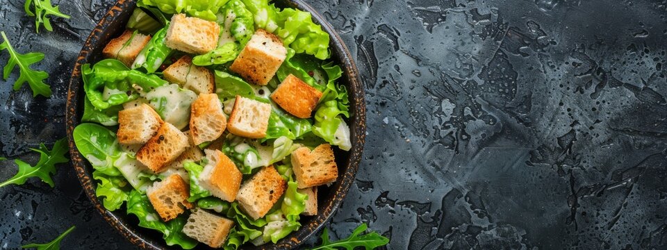 Caesar salad on rustic background with copyspace, healthy meal concept