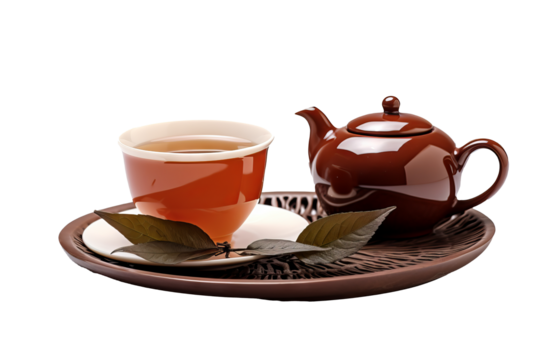 Freshly brewed tea in transparent PNG format with detailed leaves and steam on a transparent background for culinary and beverage design projects - Powered by Adobe