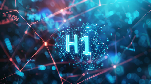 Glowing H1 tag in digital space. Concept of SEO, website development. Important HTML heading tag on the web page for Search engines optimization