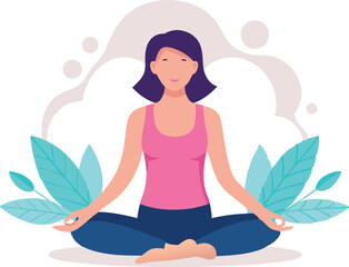 Woman meditating with breast cancer awareness symbol and plants in the background