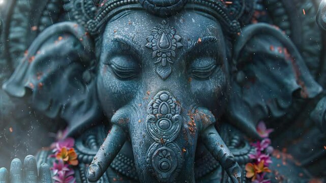 Video Recreation of close up of face of Ganesha deity hinduist figure with spiritual atmosphere around and rain falling