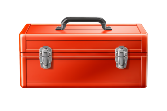 Metal tool box with various hand tools isolated on transparent background for DIY projects and home repairs