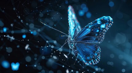 Futuristic blue low-poly butterfly abstract technology background representing artificial intelligence, digital transformation, and big data concept. Quantum internet network communication evolution i