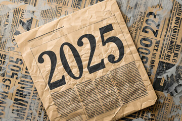 2025 old newspaper background, news paper 2025 vintage greeting card, antique newsprint article