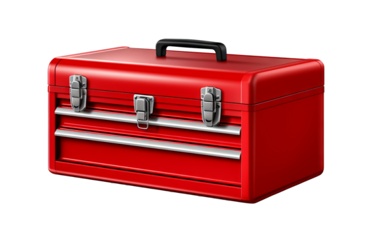 Metal tool box with various hand tools isolated on transparent background for DIY projects and home repairs