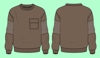 mens long sleeve brown fleece sweatshirt flat sketch vector.