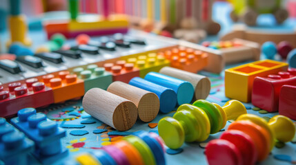 Toys for little ones! Building blocks, musical instruments, pretend play toys, and more. Perfect for books, cards, and flyers for kids.