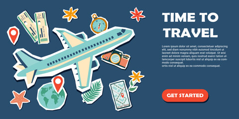 Summer vacation plane ticket. Summer and travel concept. Travel banner with stickers. Summer travel destinations. © Julia Anisimova