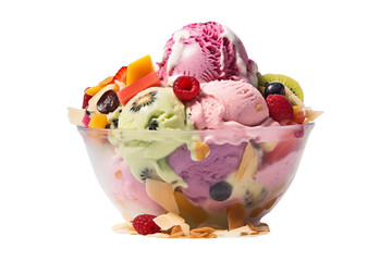 Tutti frutti ice cream PNG with transparent background, colorful frozen dessert illustration, bright fruity ice cream scoop with mixed fruit toppings, perfect for food and dessert design projects, hig