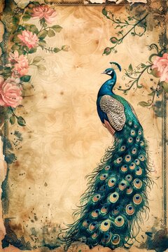 watercolor vintage scrapbook junk journal page, copy space in center, watercolor clipart of Peacock in a Flower Garden on parchment paper, vintage art, for Junk Journal, Digital Paper, Printable