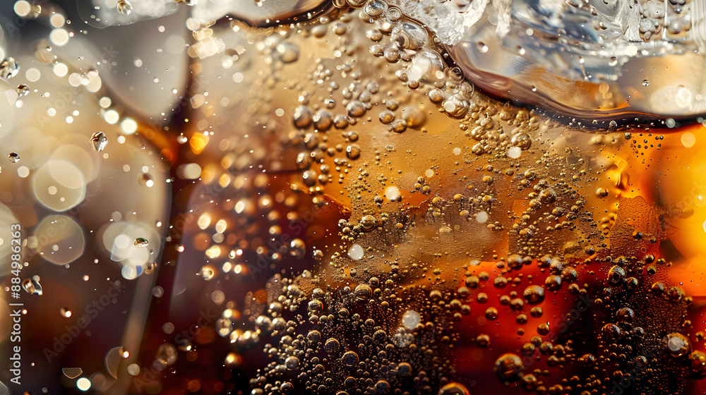 Poster soda with ice. close up of the ice cubes in cola water. texture of carbonate drink with bubbles in g