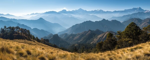Fototapeta premium Majestic mountain range with a clear blue sky, breathtaking landscape, outdoor adventure