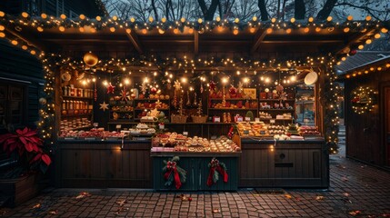Wooden booths offering souvenirs during Christmas market taking place each year on December.