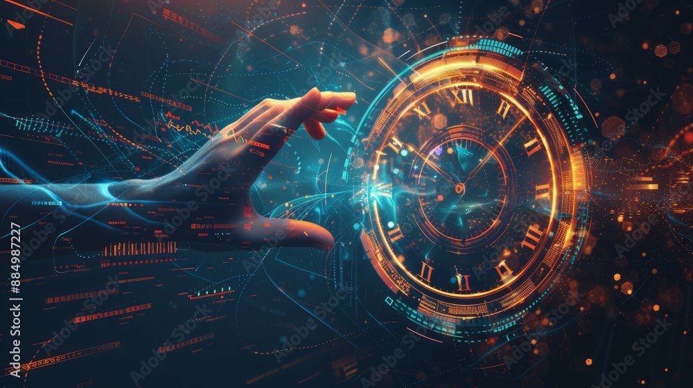 Poster abstract technology background with futuristic digital clock face and time hand representing busines