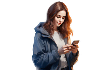 Woman holding smartphone using internet and social media, isolated on transparent background for digital communication and technology concepts