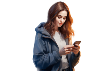Woman holding smartphone using internet and social media, isolated on transparent background for digital communication and technology concepts