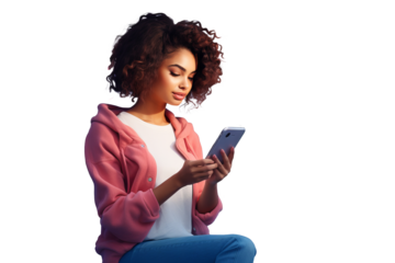 Woman holding smartphone using internet and social media, isolated on transparent background for digital communication and technology concepts