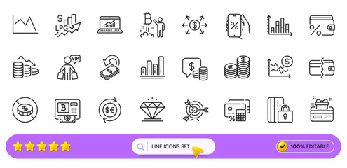 Online statistics, Bitcoin atm and Dollar exchange line icons for web app. Pack of Dollar rate, No cash, Money currency pictogram icons. Discounts app, Rise price, Diagram graph signs. Vector