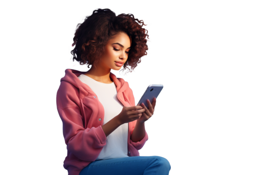 Woman holding smartphone using internet and social media, isolated on transparent background for digital communication and technology concepts