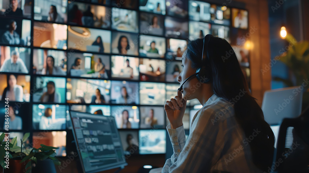 Poster remote team members on a video call, with multiple screens showing individuals engaged in a virtual 