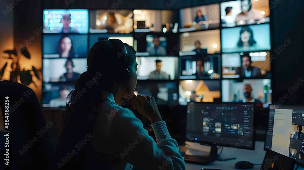 Poster remote team members on a video call, with multiple screens showing individuals engaged in a virtual 