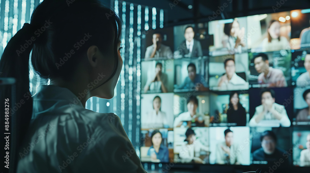Poster remote team members on a video call, with multiple screens showing individuals engaged in a virtual 
