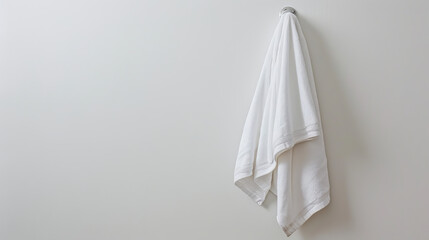 White towel hanging on a neutral background.