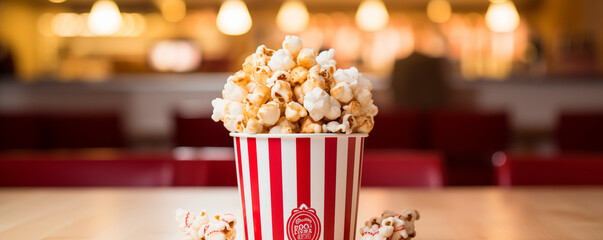 Popcorn and bucket on a red isolate background and clean pastel light with copy space for text, shot at the studio