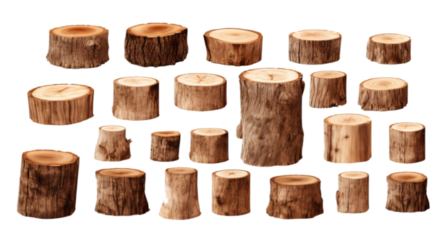 Collection of wooden tree log trunks and stumps cutout PNG files isolated on transparent background for various mockup templates and artwork design projects