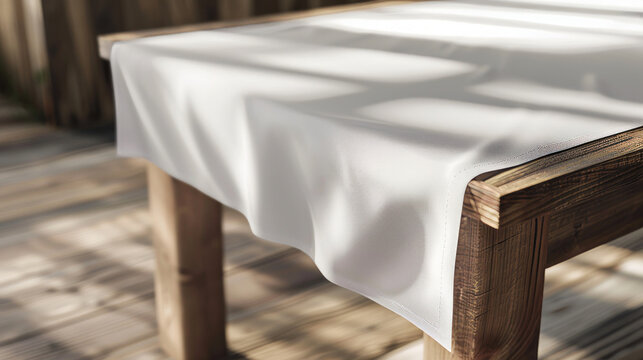 Wooden table with white cloth looks from the side. Mockup for furniture. Table napkin. 3D render.