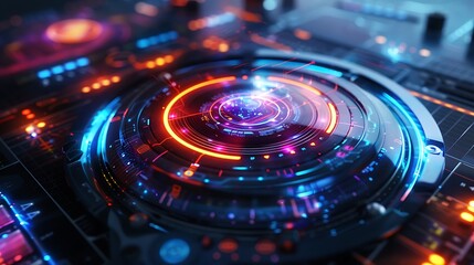 Digital 3D music player interface with holographic display, 3D background music, advanced and sleek,