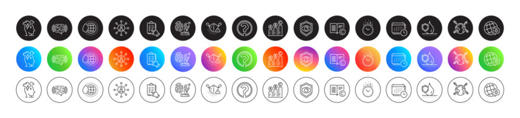 Graph chart, Copyright and Medical mask line icons. Round icon gradient buttons. Pack of Eye detect, Question mark, Stress icon. World vaccination, Networking, 5g wifi pictogram. Vector