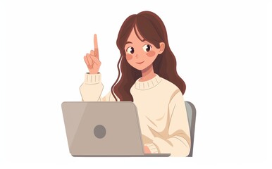 A flat vector illustration of a woman sitting at her laptop and pointing with her finger in the air, with a white background, simple design