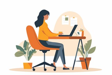 flat style illustration of a young woman working remotely on her laptop at desk on a with white background, pastel colors and minimalistic artstyle