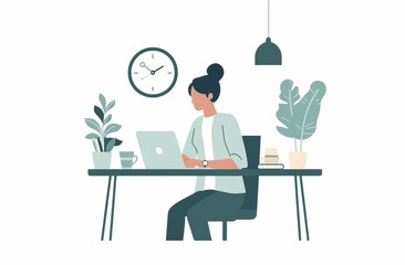 flat style illustration of a young woman working remotely on her laptop at desk on a with white background, pastel colors and minimalistic artstyle