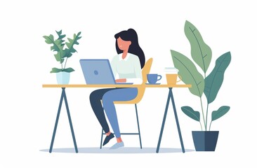 flat style illustration of a young woman working remotely on her laptop at desk on a with white background, pastel colors and minimalistic artstyle