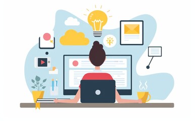 Female employee working at the desk on the laptop. a light bulb and icons around are representing ideas for a work project plan or online communication concept