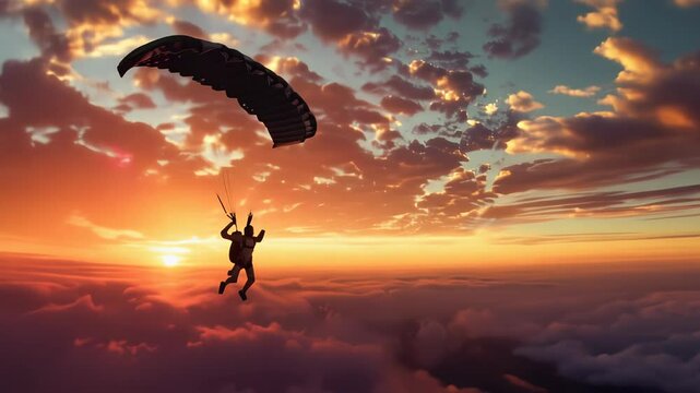 Skydiver descends through fiery sunset sky. Silhouette parachutes against vibrant clouds, golden light illuminating vast landscape below, embodying freedom and adventure.	