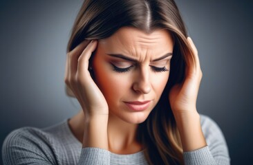 beautiful woman has headache. Portrait of lady having a migraine.