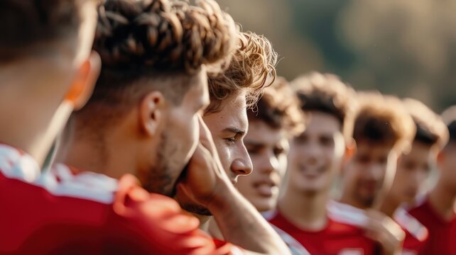 A diverse team of soccer players huddles together, their faces reflecting determination and anticipation.