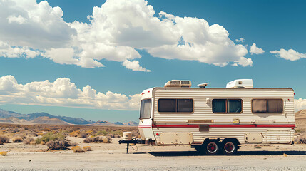 White travel trailer camper motorhome parked in desert nature. Blue sky with white clouds