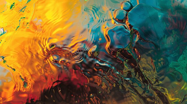 Abstract background wallpaper, A colorful top-down view of an oil slick on water with heat waves around it. The focus is the melting wax. Paint in liquid mixing together.
