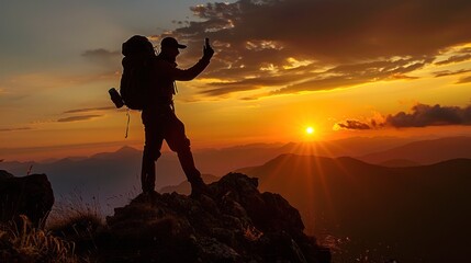 Fototapeta premium Silhouetted Hiker Capturing a Golden Sunset