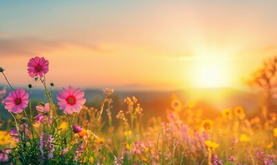 Naklejka premium Beautiful flower meadow with colorful wildflowers at sunset, landscape background with beautiful sky and sun rays, summer nature background with copy space area for text or design.