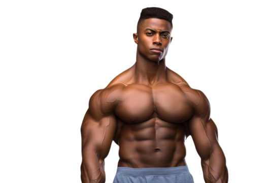 Young male bodybuilder in a powerful pose isolated on transparent background, showcasing muscular physique and strength, ideal for fitness and sports-related designs. - Powered by Adobe