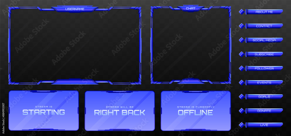 Poster stream overlay webcam screen frame and stream alert gui panels in blue color for live video streamin